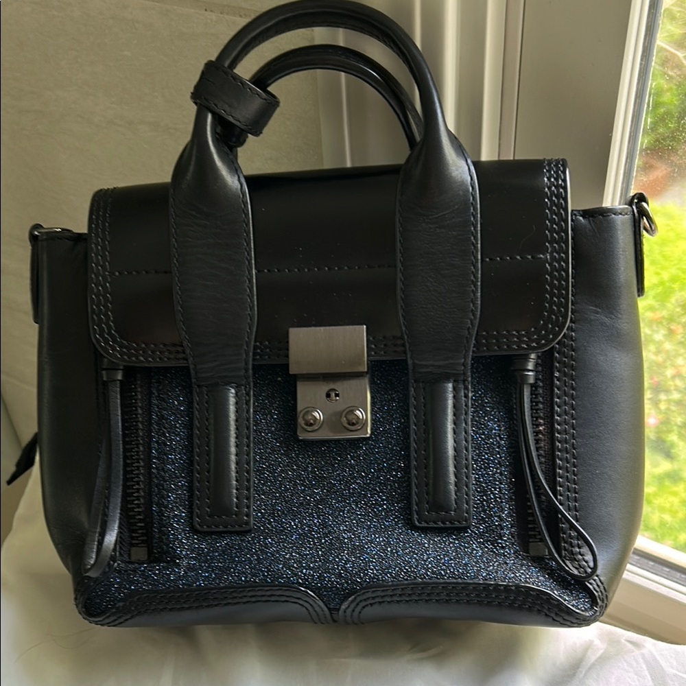 3-1 Phillip Lim Black and Blue Pashi Mini Leather Satchel with Dustbag